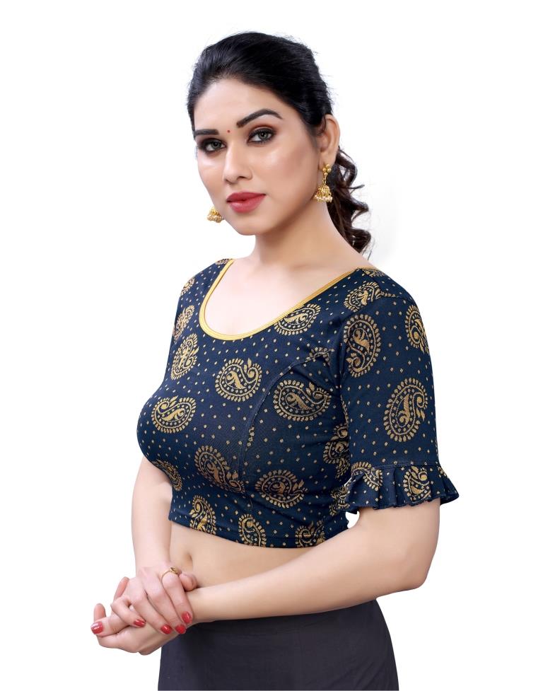 Aesthetic Navy Blue Coloured Lycra Knitted Stitched Blouse | Leemboodi