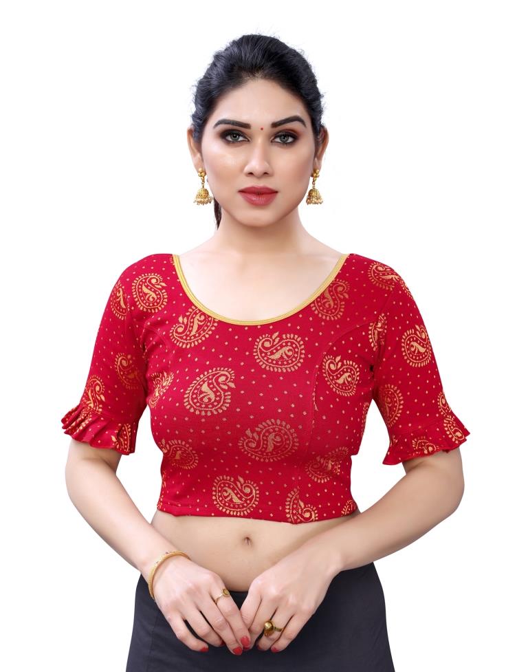 Beauteous Red Coloured Lycra Knitted Stitched Blouse | Leemboodi