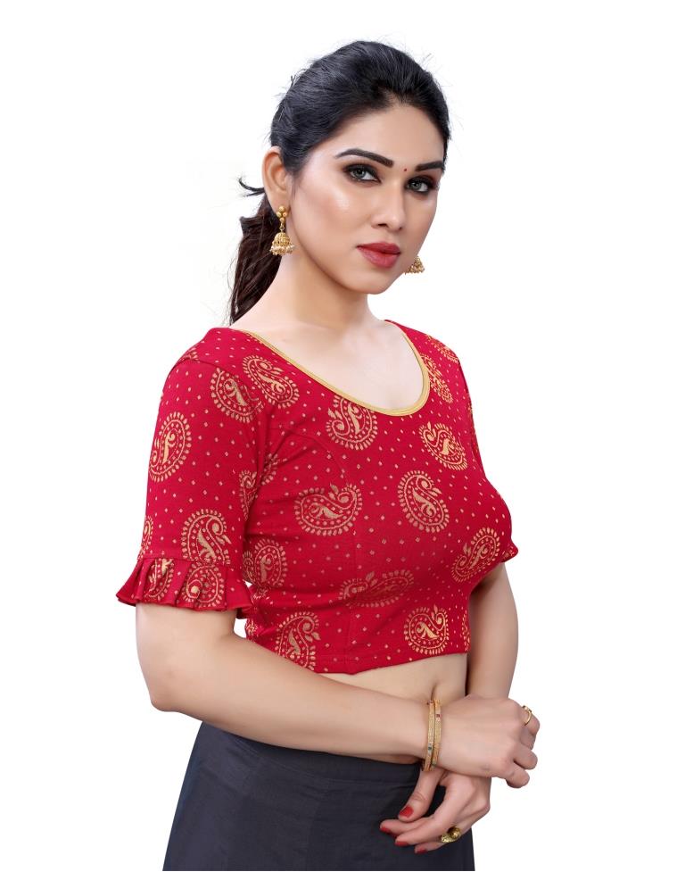 Beauteous Red Coloured Lycra Knitted Stitched Blouse | Leemboodi