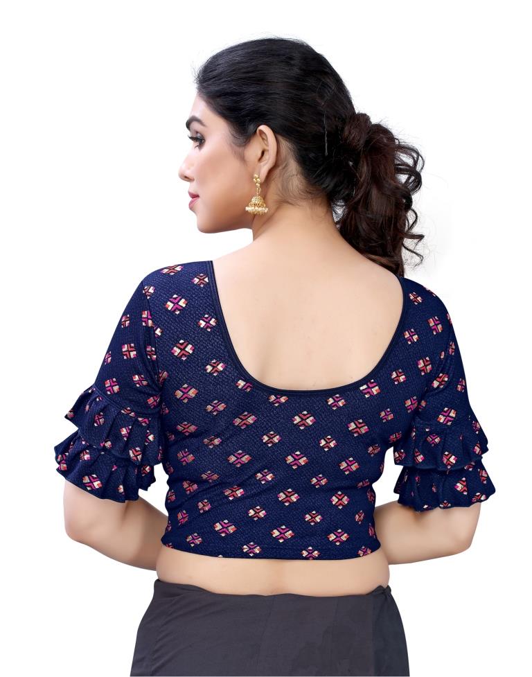 Amiable Navy Blue Coloured Lycra Foil Printed Stitched Blouse | Leemboodi
