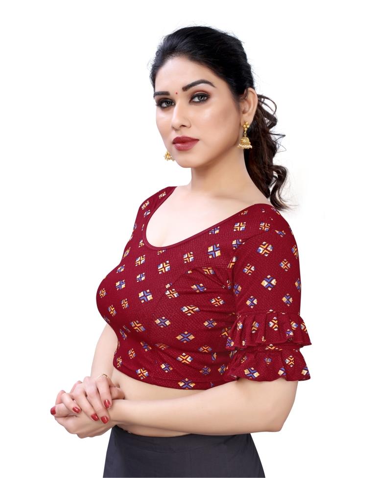 Adorable Maroon Coloured Lycra Foil Printed Stitched Blouse | Leemboodi