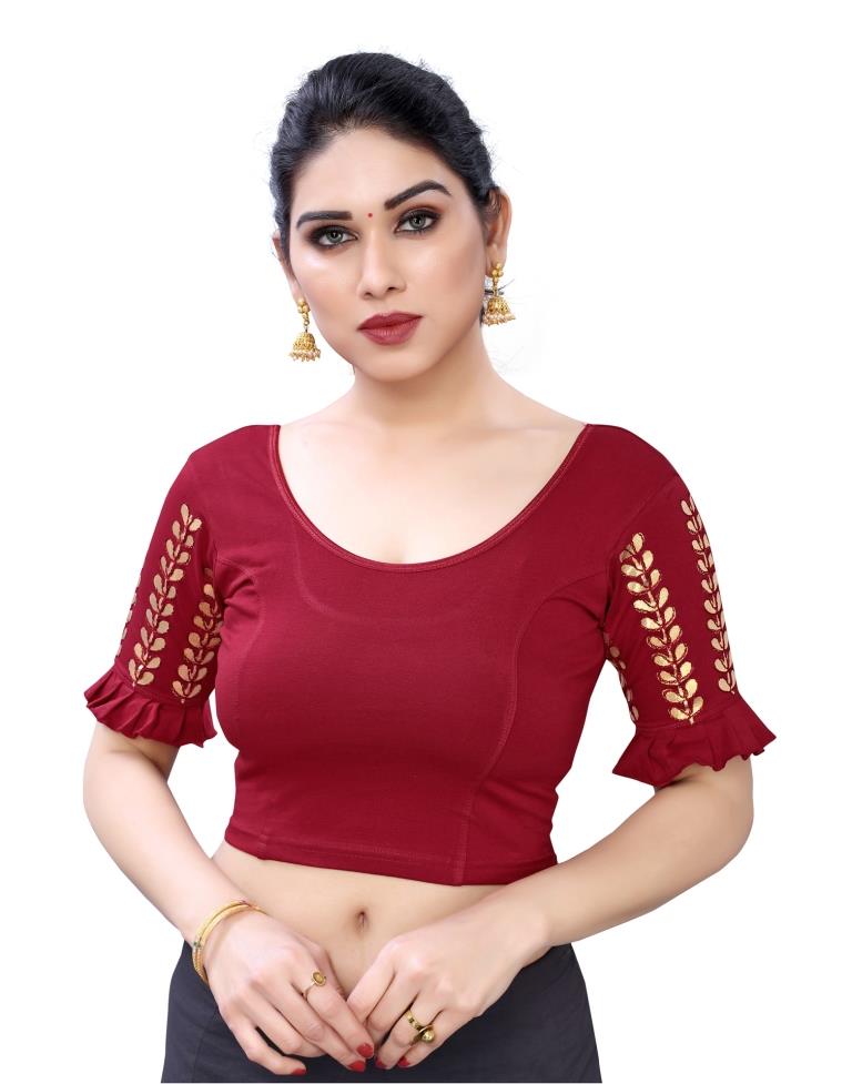 Breezy Maroon Coloured Lycra Embroidered Stitched Blouse | Leemboodi