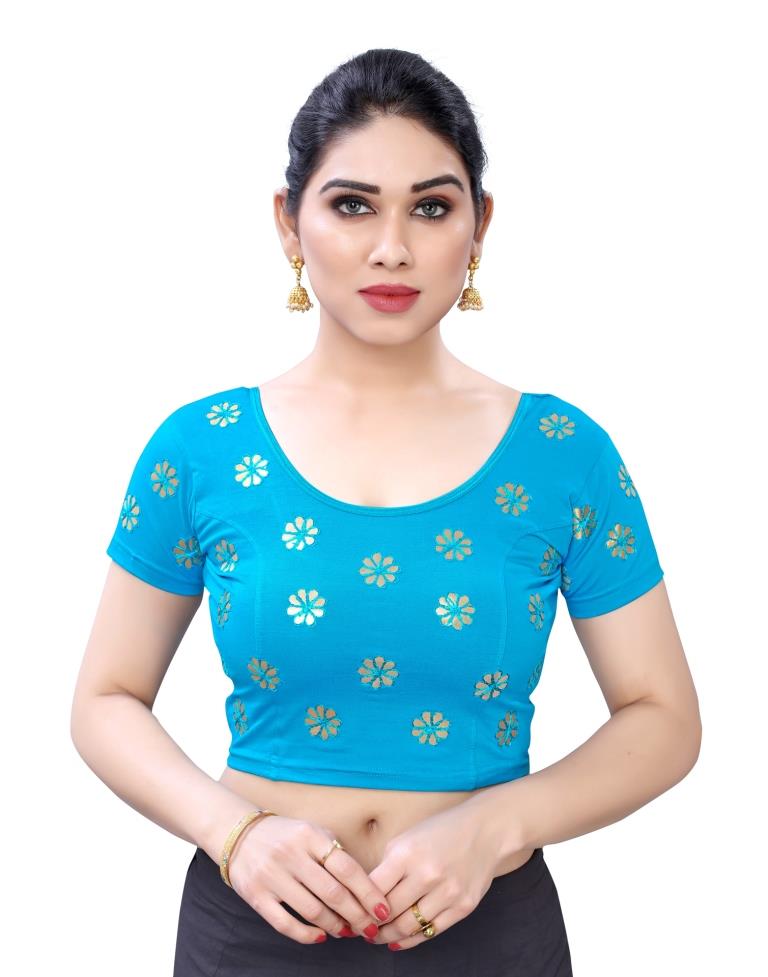 Charming Sky Blue Coloured Lycra Embroidered Stitched Blouse | Leemboodi