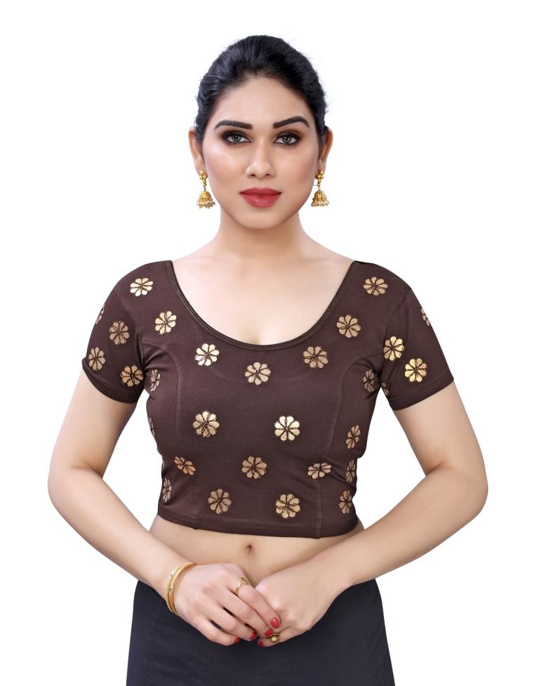 Exuberant Brown Coloured Lycra Embroidered Stitched Blouse | Leemboodi