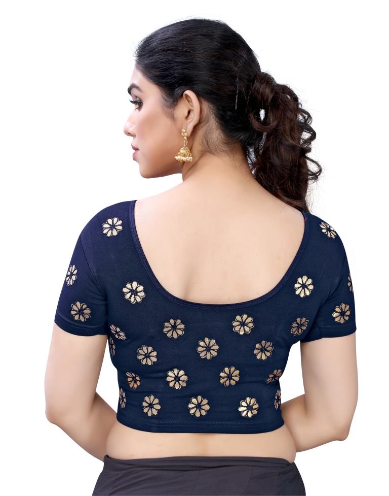 Outstanding Navy Blue Coloured Lycra Embroidered Stitched Blouse | Leemboodi
