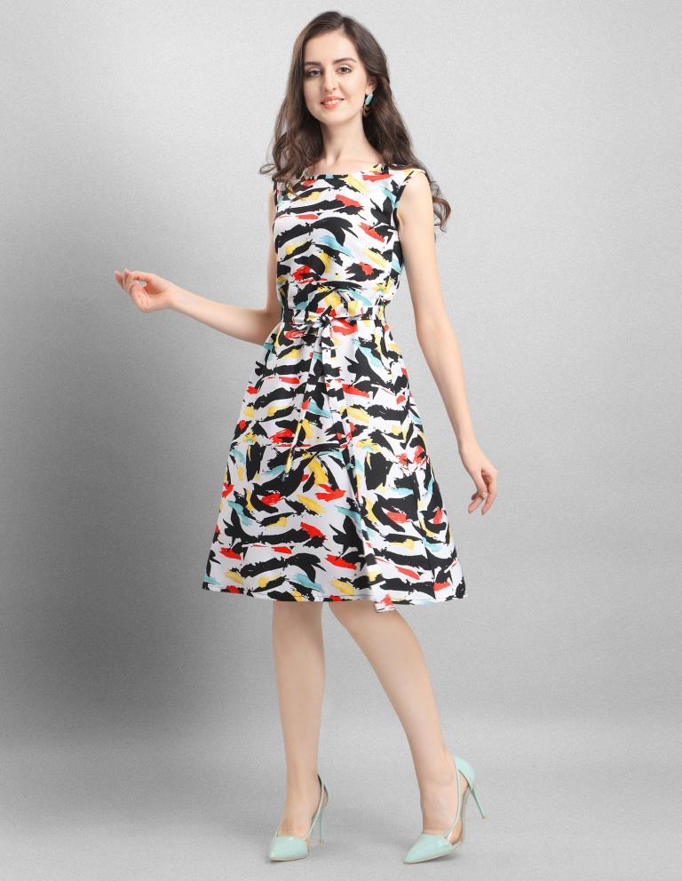 Whimsical White Coloured Digital Printed Crepe Dress | Leemboodi