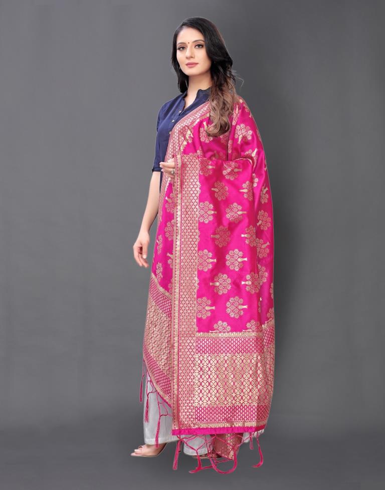 Desirable Pink Coloured Poly Silk Jacquard Dupatta | Leemboodi