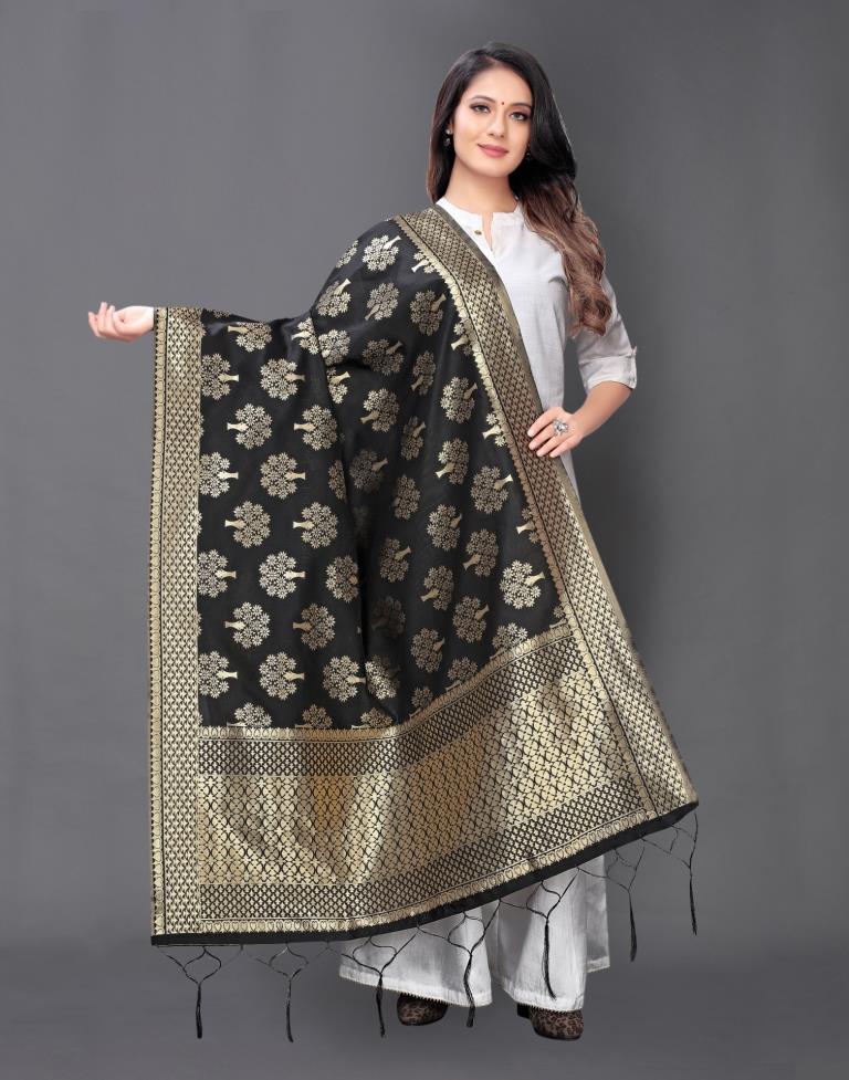 Alluring Black Coloured Poly Silk Jacquard Dupatta | Leemboodi