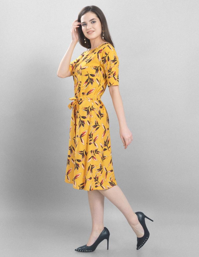 Sleek Yellow Coloured Printed Crepe Dress | Leemboodi