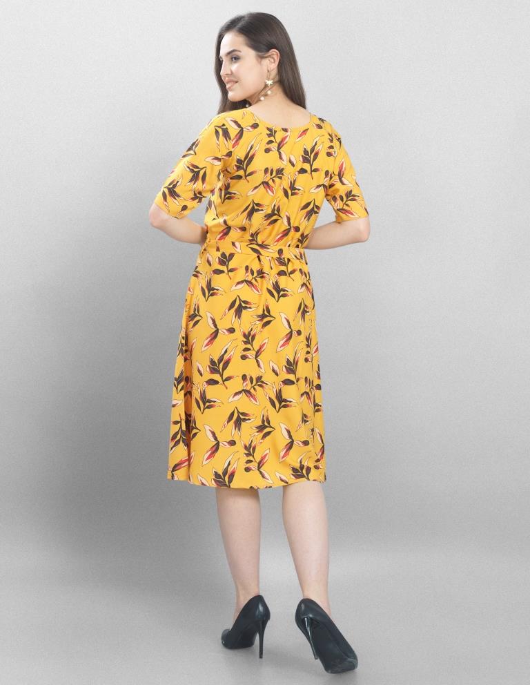 Sleek Yellow Coloured Printed Crepe Dress | Leemboodi