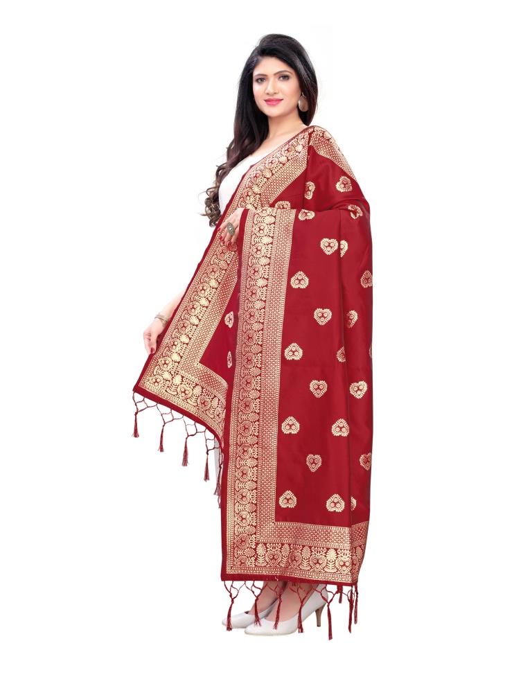 Trendy Red Coloured Poly Silk Jacquard Dupatta | Leemboodi