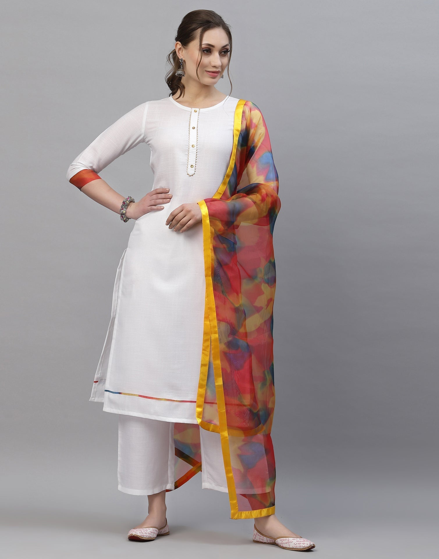 Buy White Multicoloured Printes Kurta With Golden Pants And Dupatta Online   W for Woman