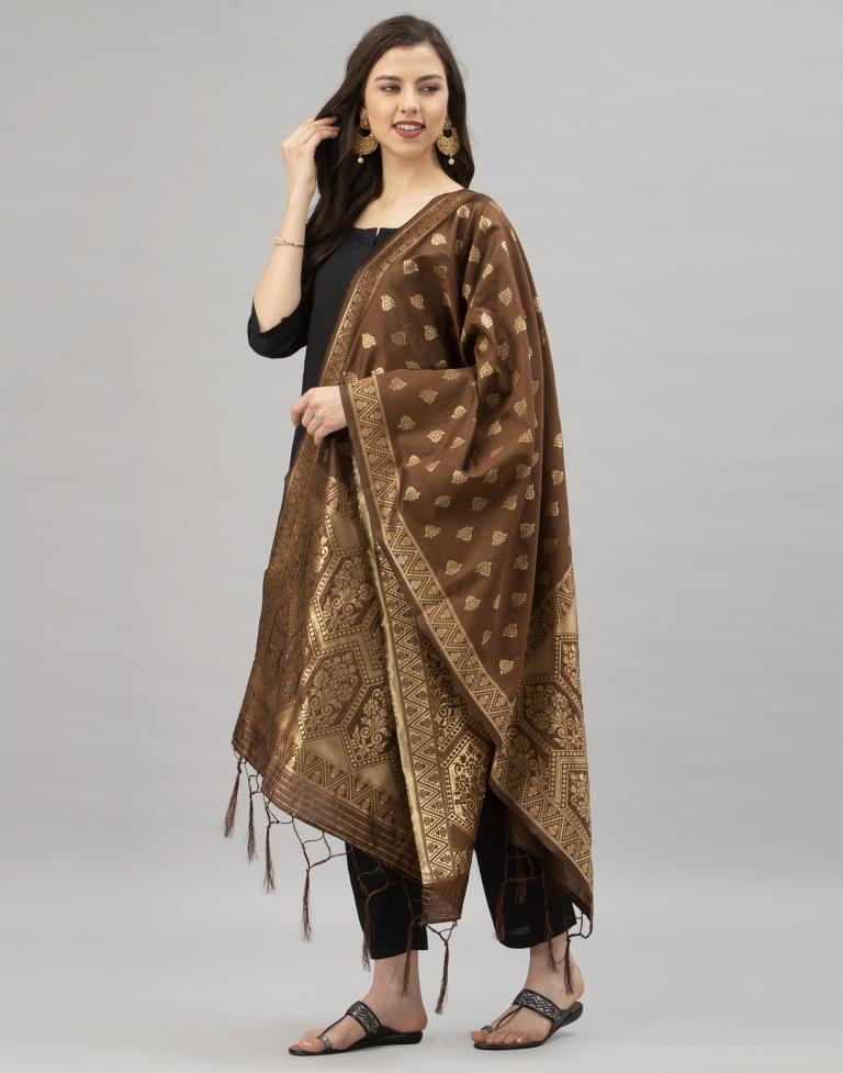 Sparkling Brown Coloured Poly Silk Jacquard Dupatta | Leemboodi