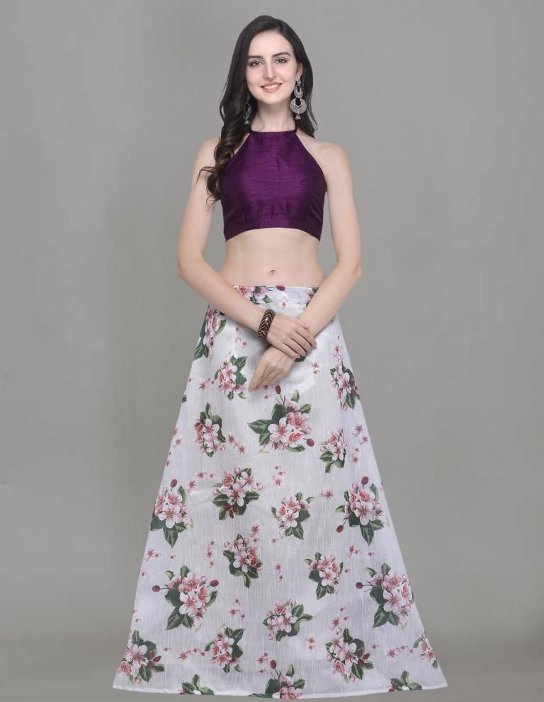 Enigmatic White Coloured Bhagalpuri Silk Digital Floral Printed Casual Wear Lehenga | Leemboodi