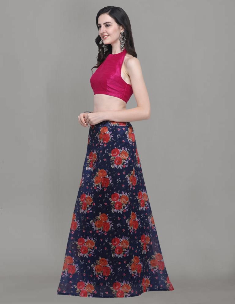 Exquisite Navy Blue Coloured Bhagalpuri Silk Digital Floral Printed Casual Wear Lehenga | Leemboodi