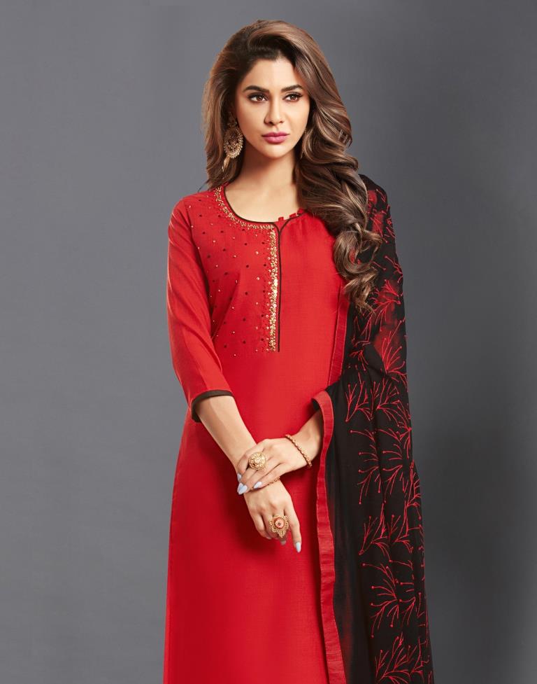 Red  Cotton Embroidered Unstitched Salwar Suit | Leemboodi