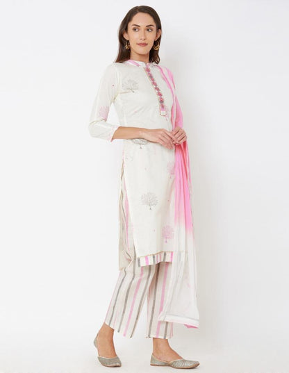 Off White Cotton Embroidered Unstitched Salwar Suit | Leemboodi