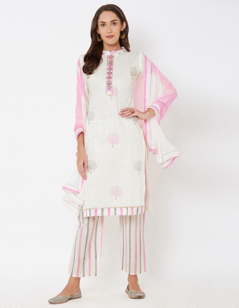 Off White Cotton Embroidered Unstitched Salwar Suit | Leemboodi