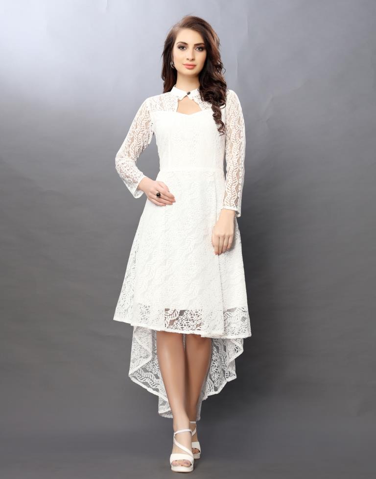 Majestic White Coloured Net Russell Net Dress | Leemboodi