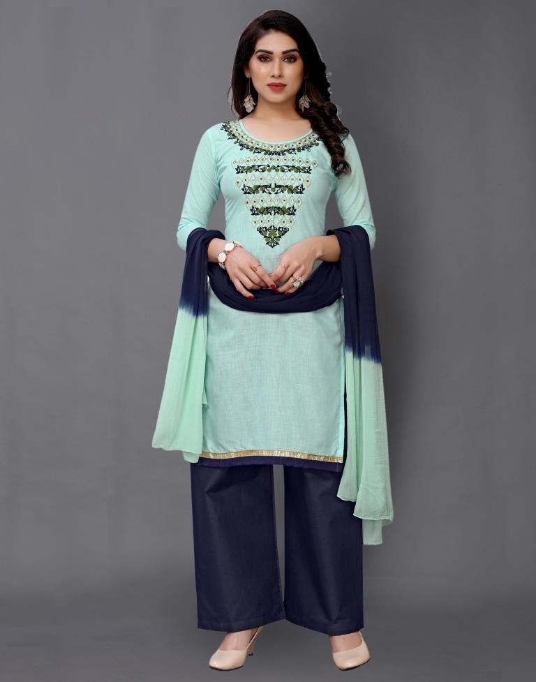 Light Turquoise Blue Cotton Embroidered Unstitched Salwar Suit | Leemboodi