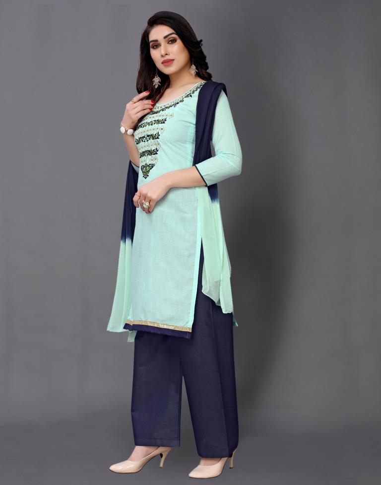 Light Turquoise Blue Cotton Embroidered Unstitched Salwar Suit | Leemboodi