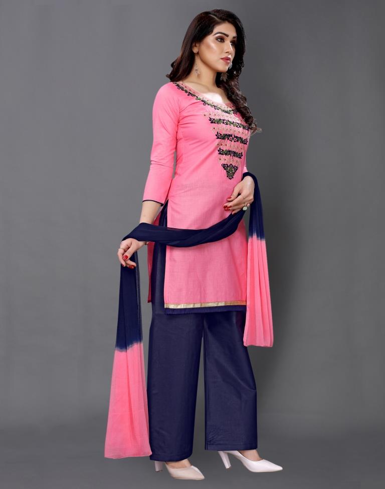 Pink Cotton Embroidered Unstitched Salwar Suit | Leemboodi