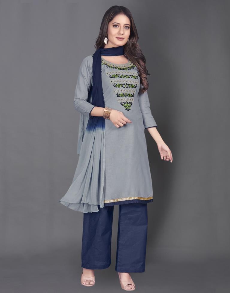 Grey Cotton Embroidered Unstitched Salwar Suit | Leemboodi