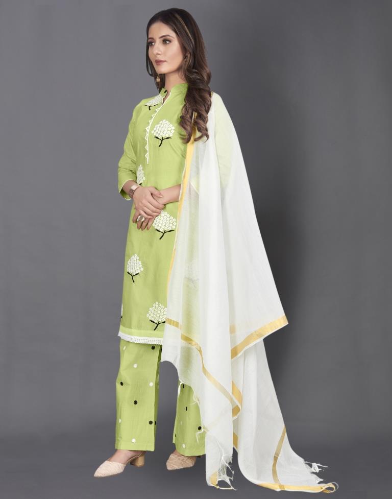 Light Green Cotton Embroidered Unstitched Salwar Suit | Leemboodi