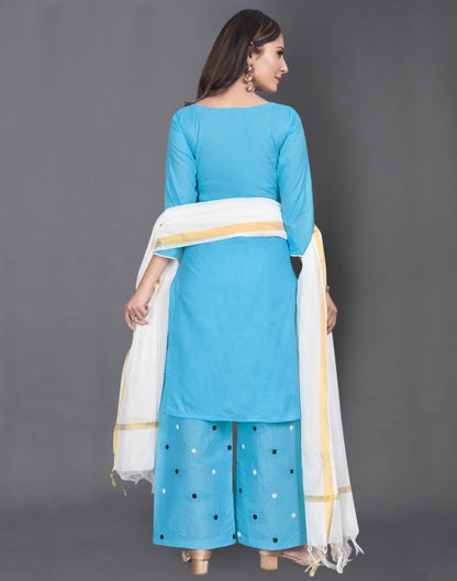 Blue Cotton Embroidered Unstitched Salwar Suit | Leemboodi