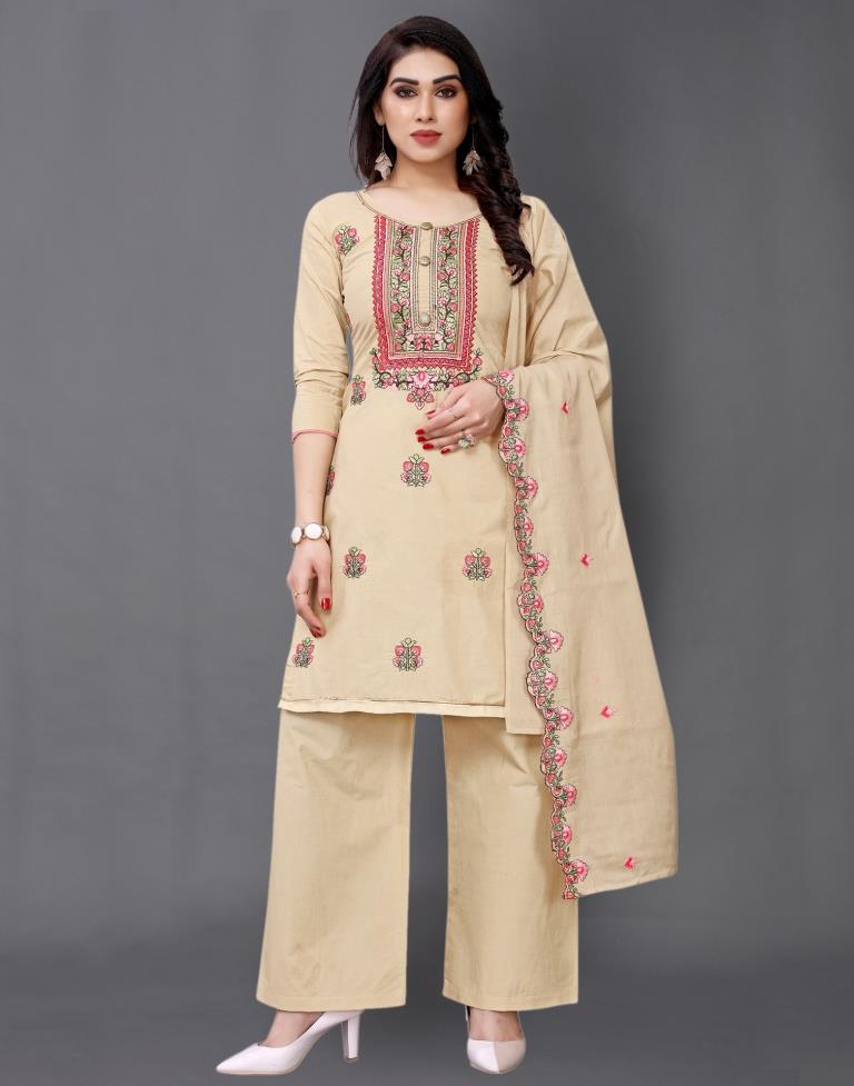 Warm Beige Cotton Embroidered Unstitched Salwar Suit | Leemboodi
