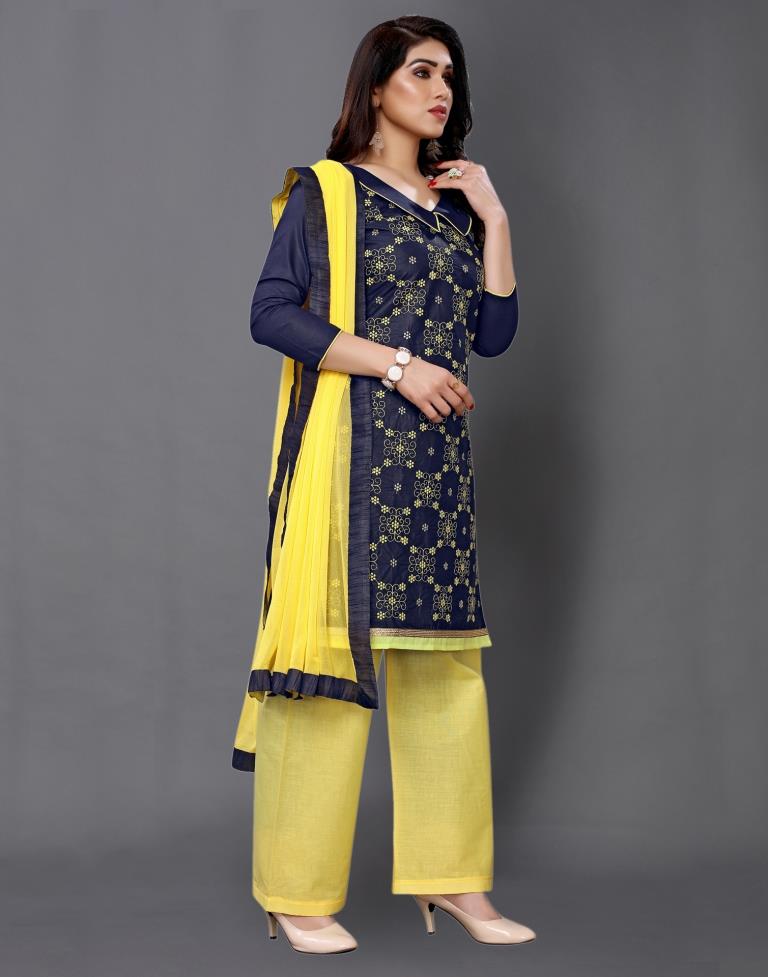 Navy Blue Cotton Embroidered Unstitched Salwar Suit | Leemboodi