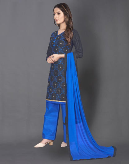 Navy Blue Cotton Embroidered Unstitched Salwar Suit | Leemboodi
