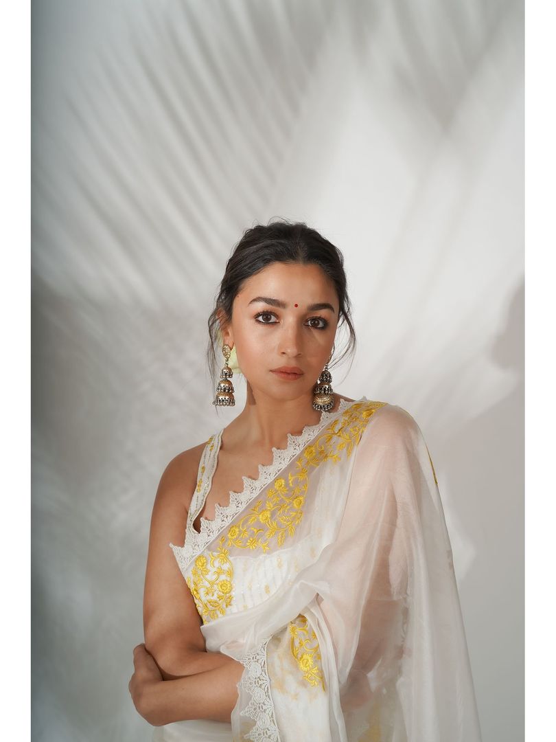 Buy Bollywood Model white organza silk saree in UK, USA and Canada