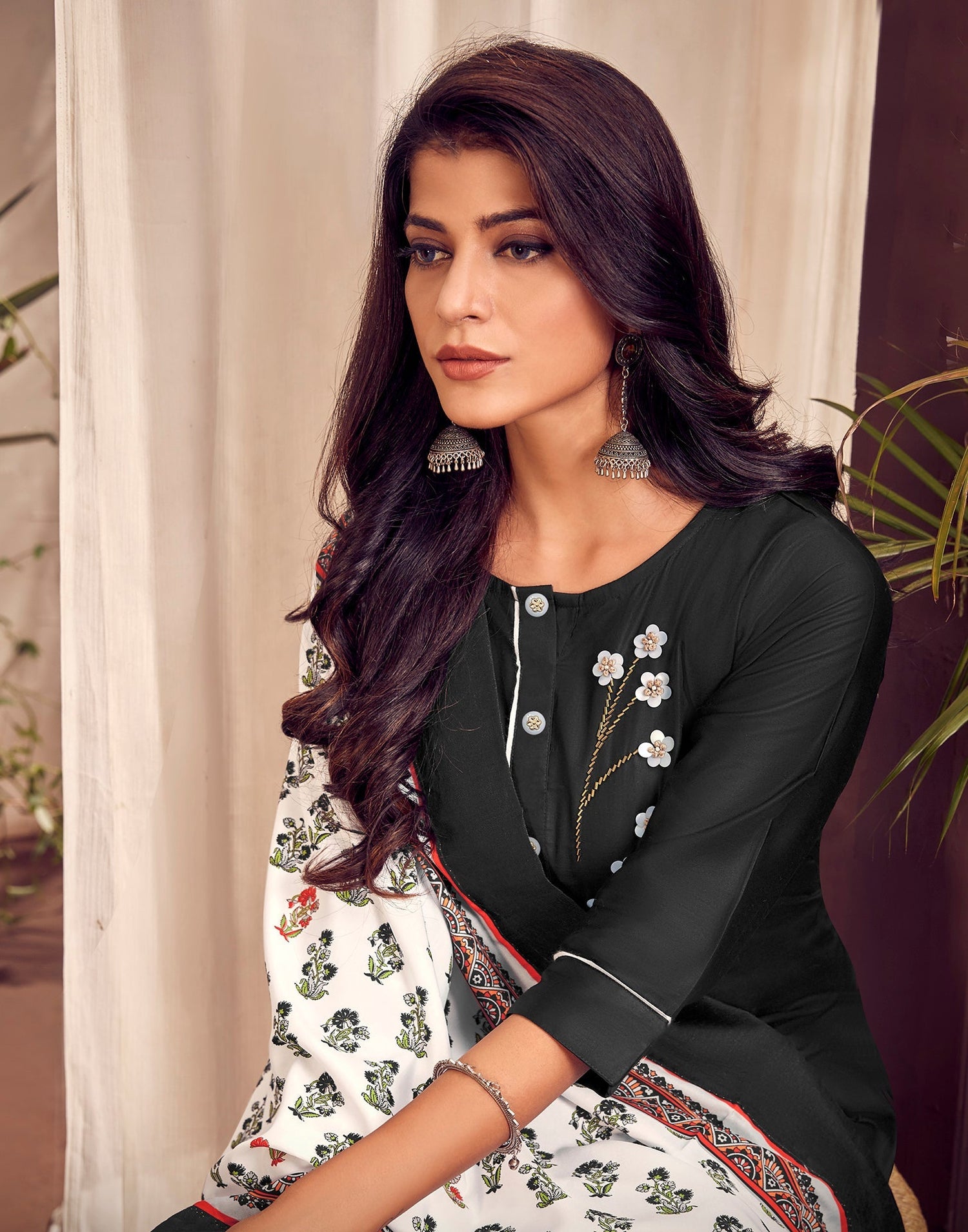 Black Cotton Kurti With Pant And Dupatta