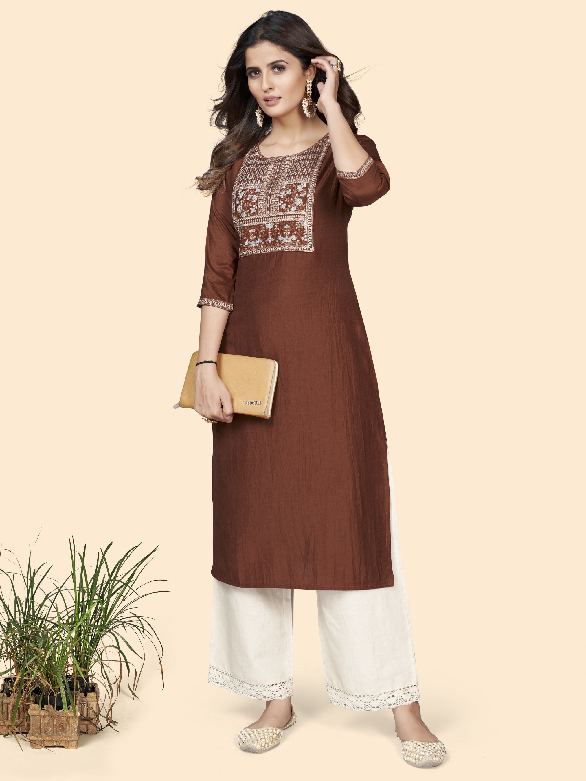 Brown Color Party Wear Printed Straight Kurti :: ANOKHI FASHION