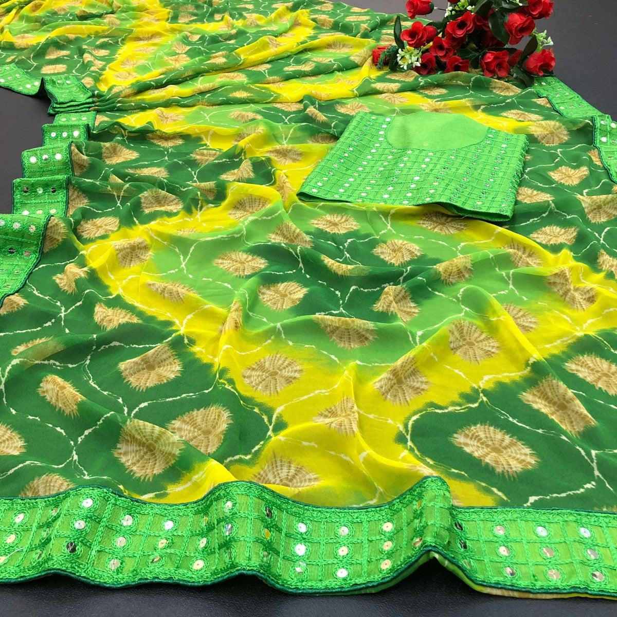 Green Coloured Georgette Printed Saree | Leemboodi