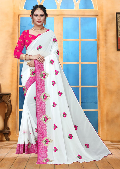 White Coloured Georgette Embroidered Saree | Leemboodi