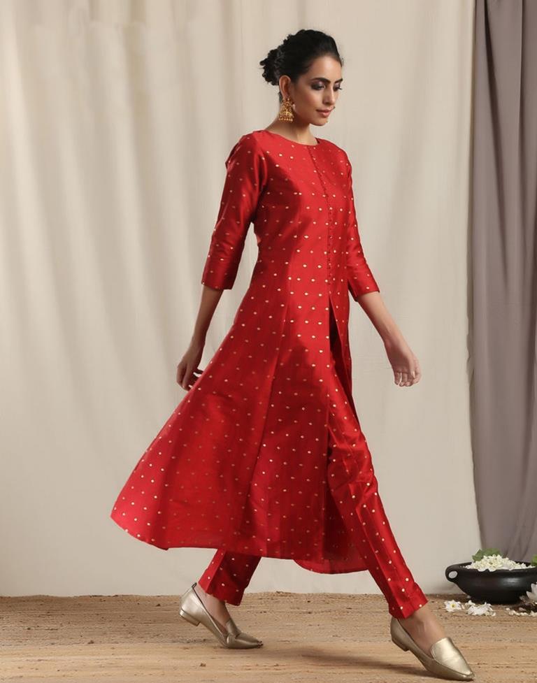 Red Coloured Art Silk Woven Kurti Set | Leemboodi