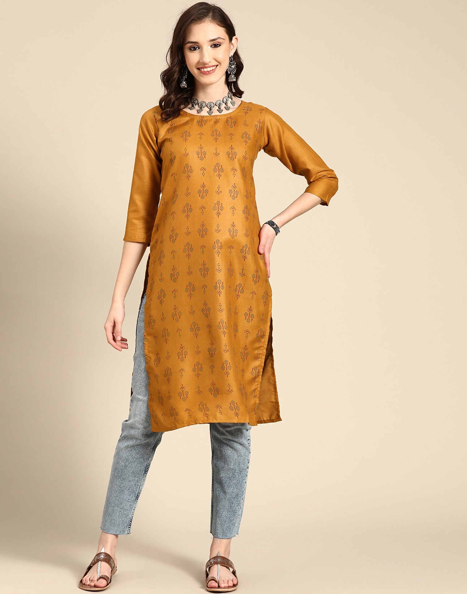 Cotton Casual Wear Chiku Colour Printed Satin Readymade Kurti Size Large