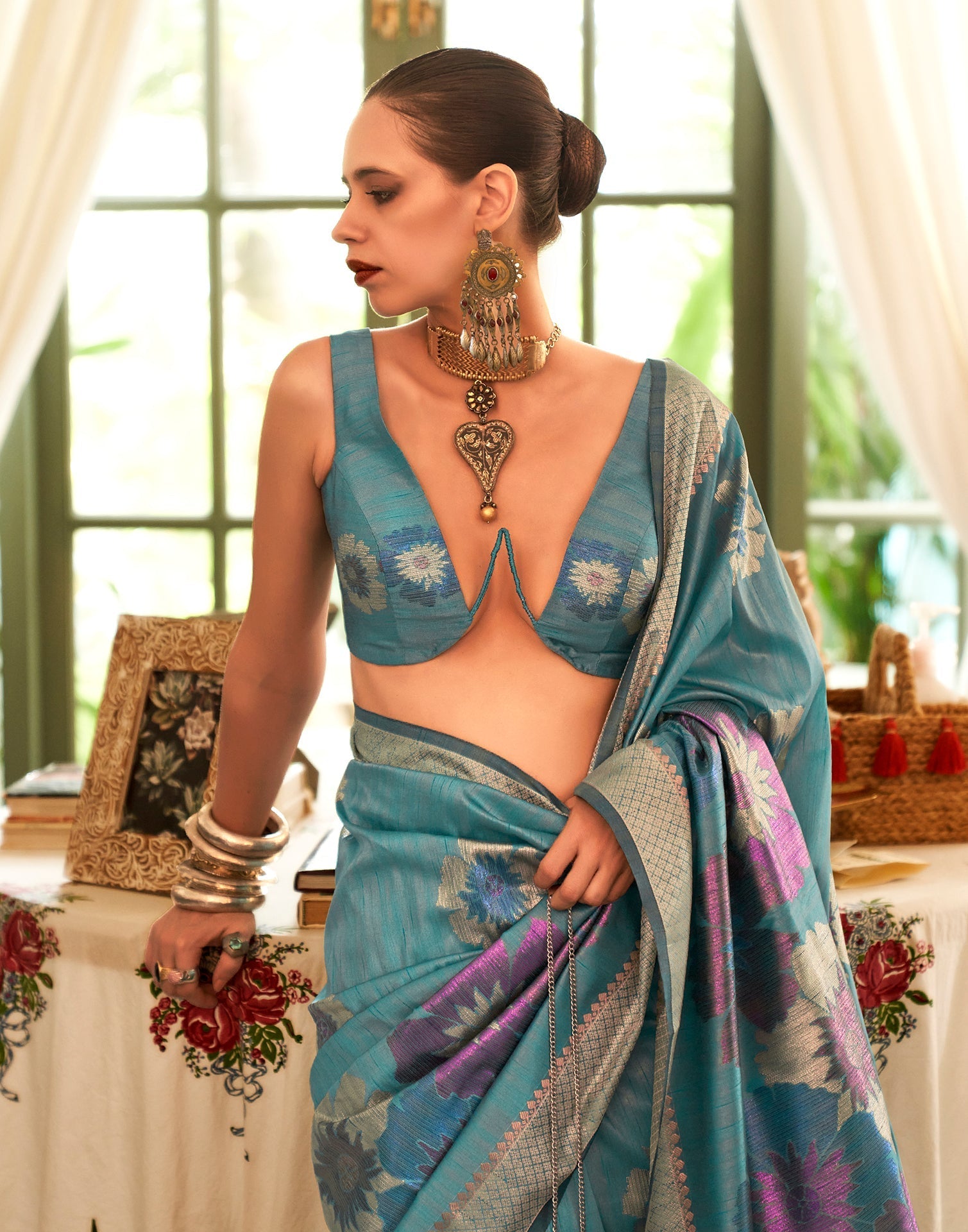 Aqua Blue Handloom Silk Saree | Leemboodi