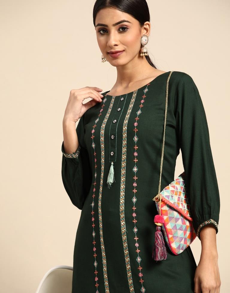 Bottle Green Embroidered Casual Tops | Leemboodi