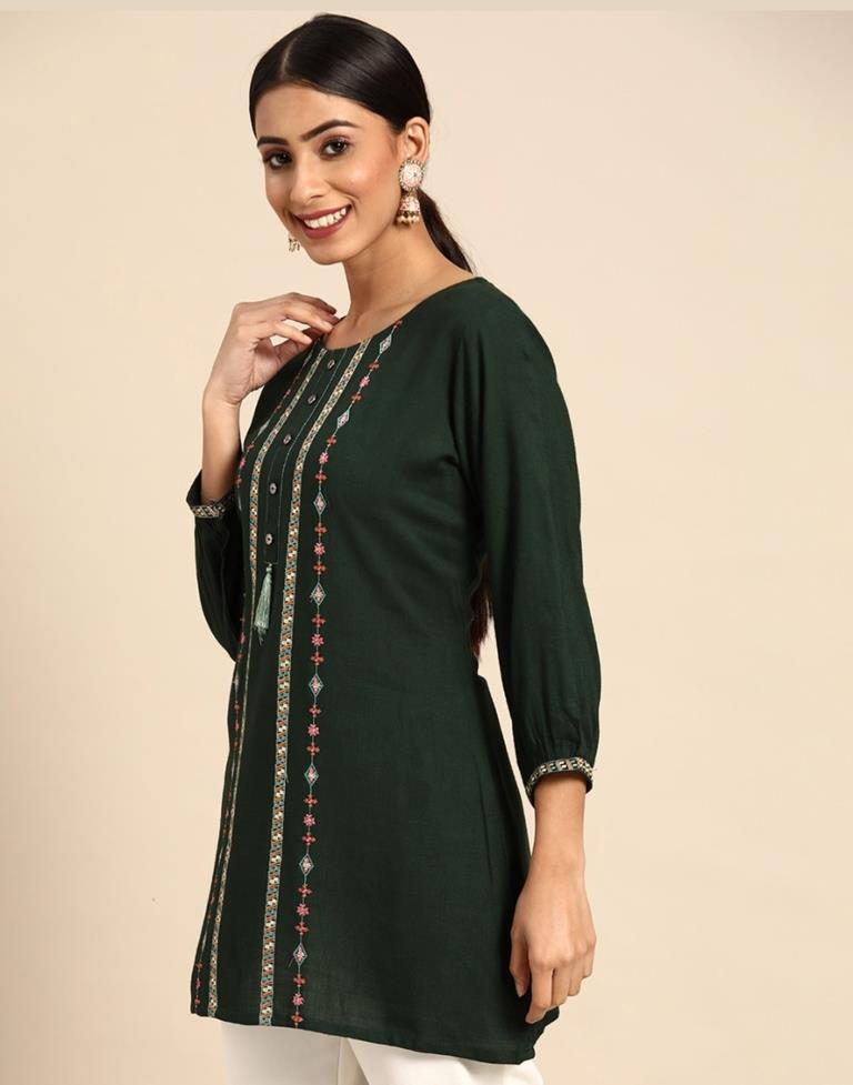 Bottle Green Embroidered Casual Tops | Leemboodi