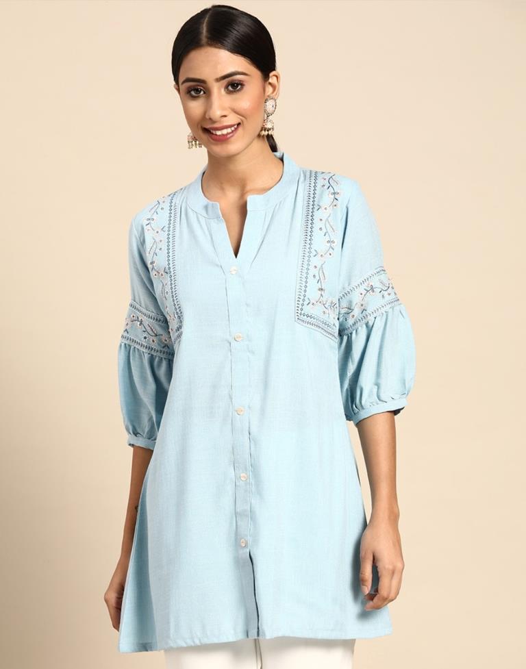 Sky Blue Embroidered Casual Tops | Leemboodi