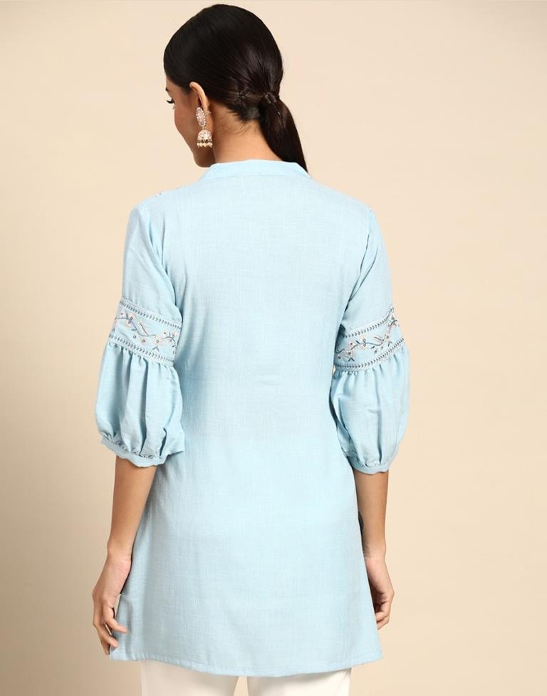 Sky Blue Embroidered Casual Tops | Leemboodi