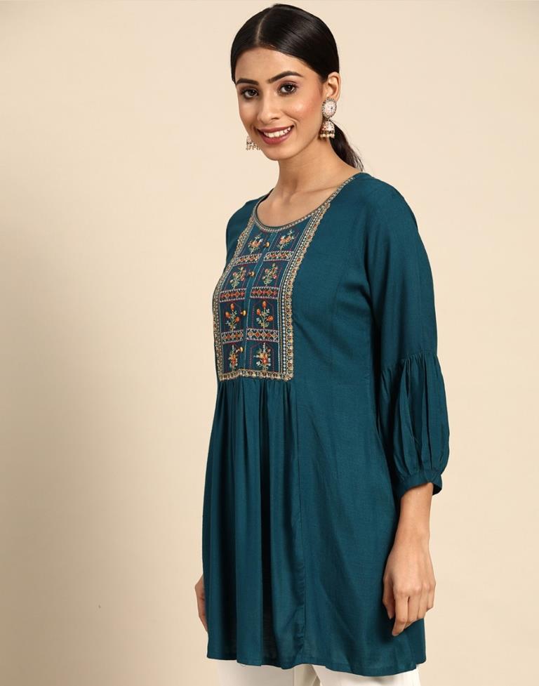 Teal Embroidered Casual Tops | Leemboodi