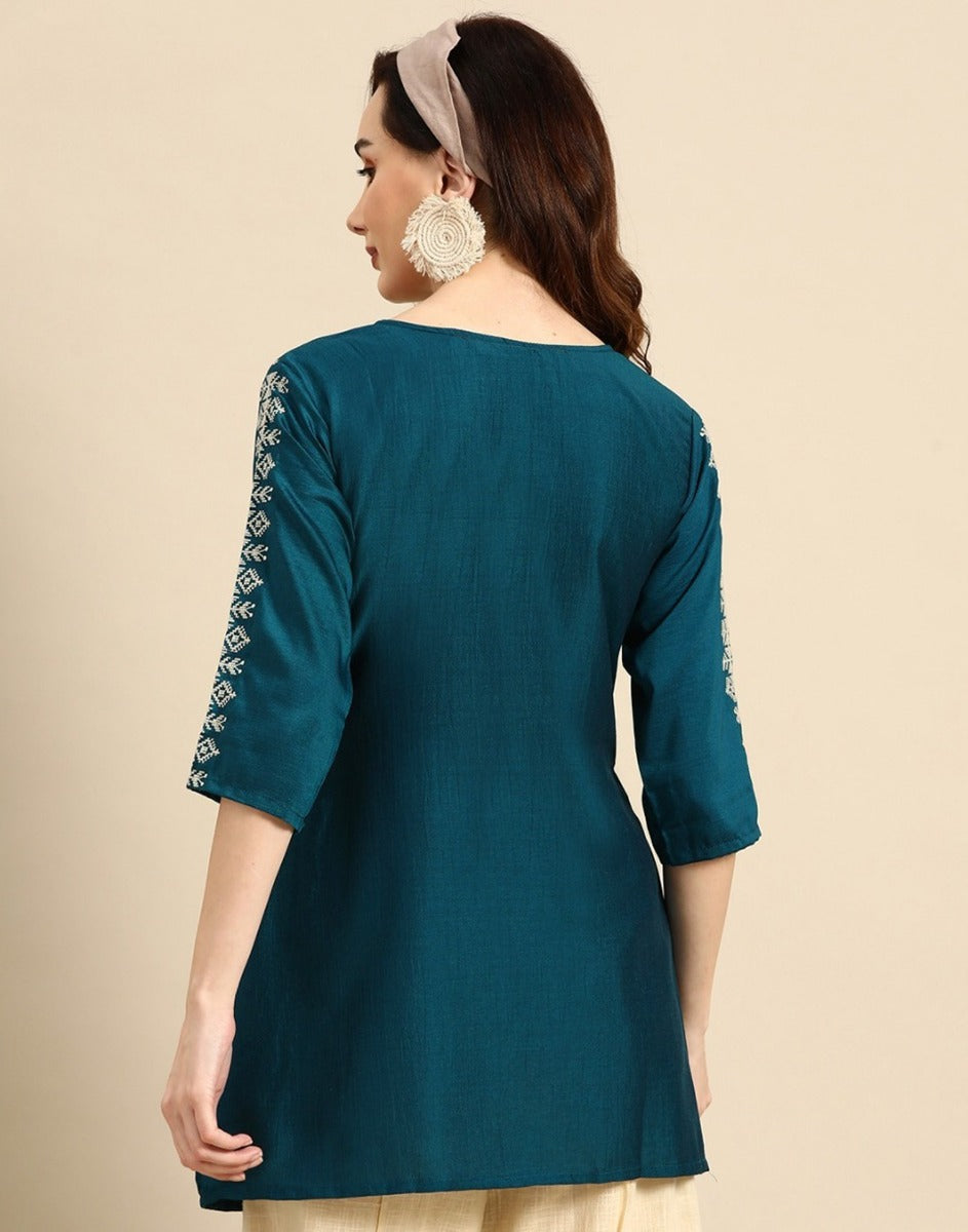 Teal Embroidered Short Top | Leemboodi