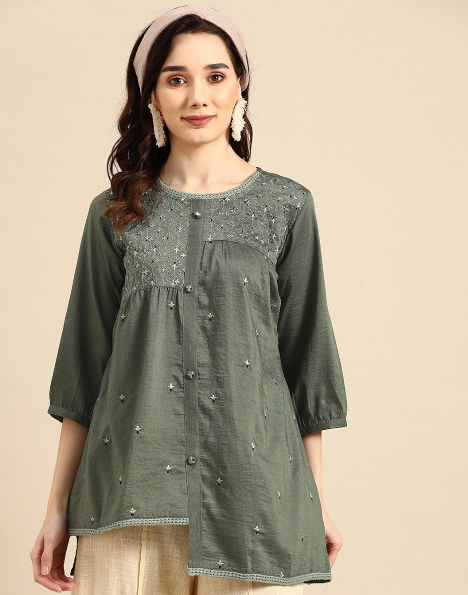 Olive Green Embroidered Short Top | Leemboodi