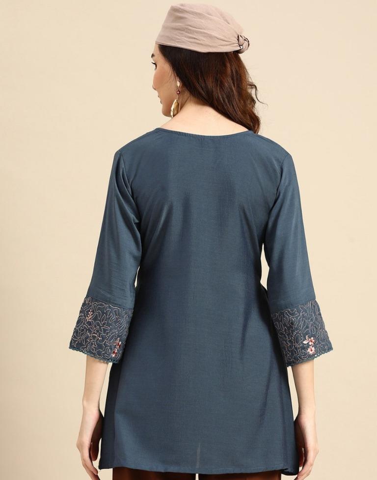 Turquoise Blue Embroidered Short Top | Leemboodi