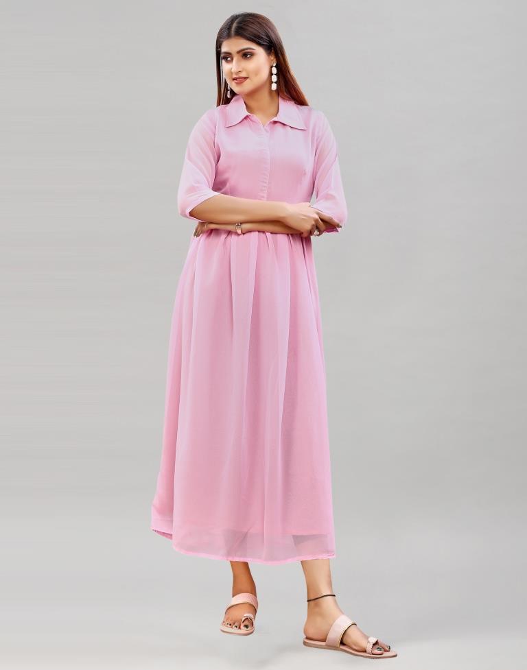 baby Pink Coloured Poly Georgette Solid Dress | Leemboodi
