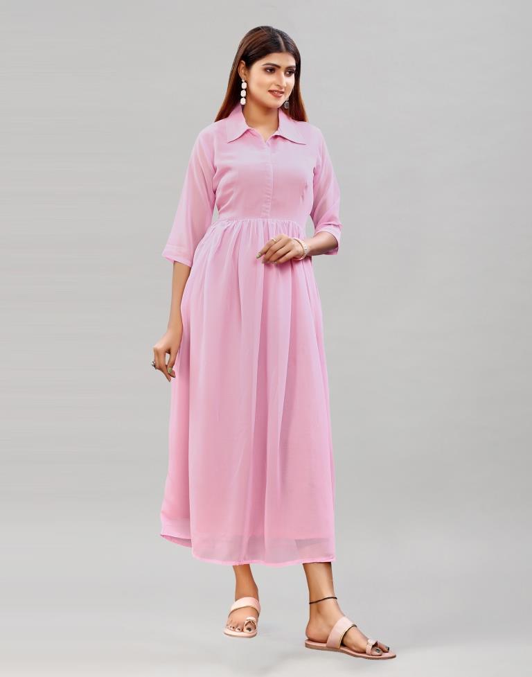 baby Pink Coloured Poly Georgette Solid Dress | Leemboodi